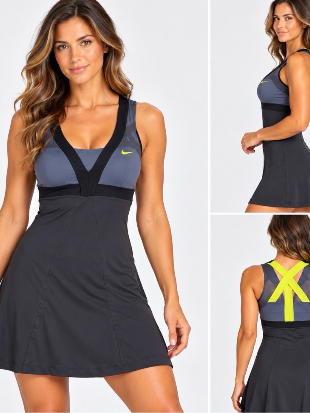Nike Dri-FIT Tennis Dress Built-In Bra Black Gray Neon Size M